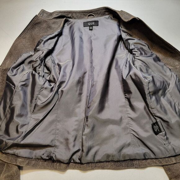 QUE Women's Gray Leather Moto Bikercore Jacket Women's Medium - Picture 6 of 15